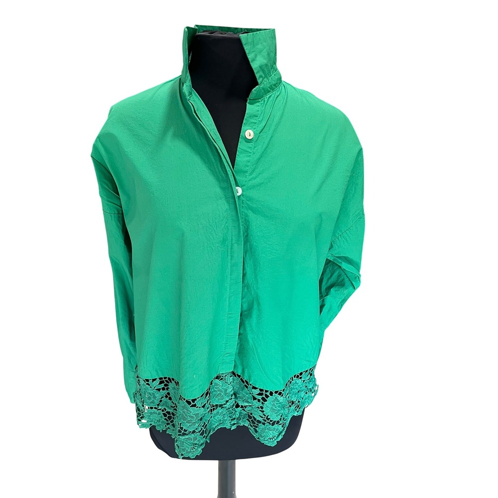 Khaadi Relaxed Fit Green Lace Hem Button Down Shirt Womens Medium Long Sleeve